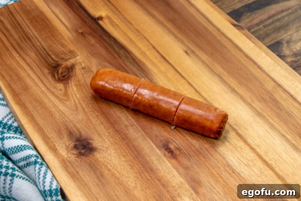 Crispy Bacon Brat Poppers 7 sliced bratwurst on a cutting board, ready for wrapping