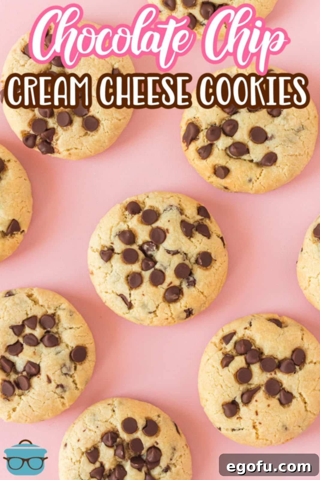 Beautifully arranged Chocolate Chip Cream Cheese Cookies on a pink background, ideal for Pinterest sharing.