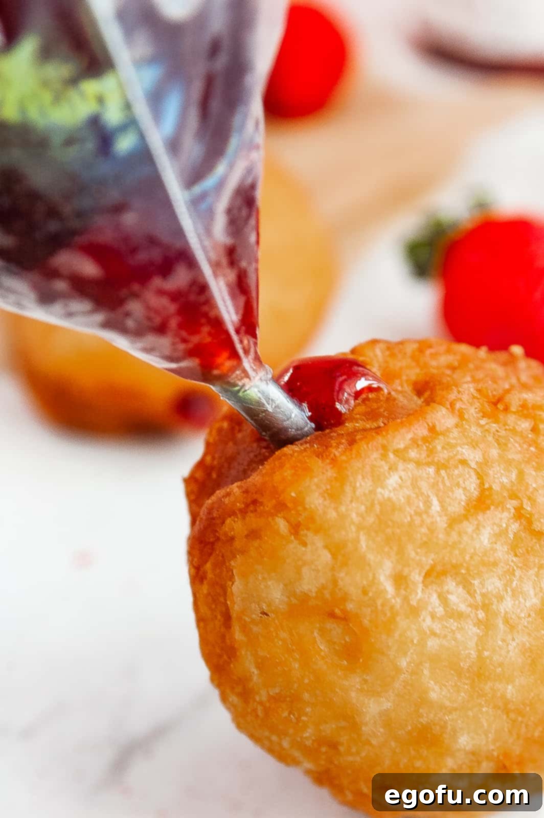 Piping bag filling donuts with jelly.