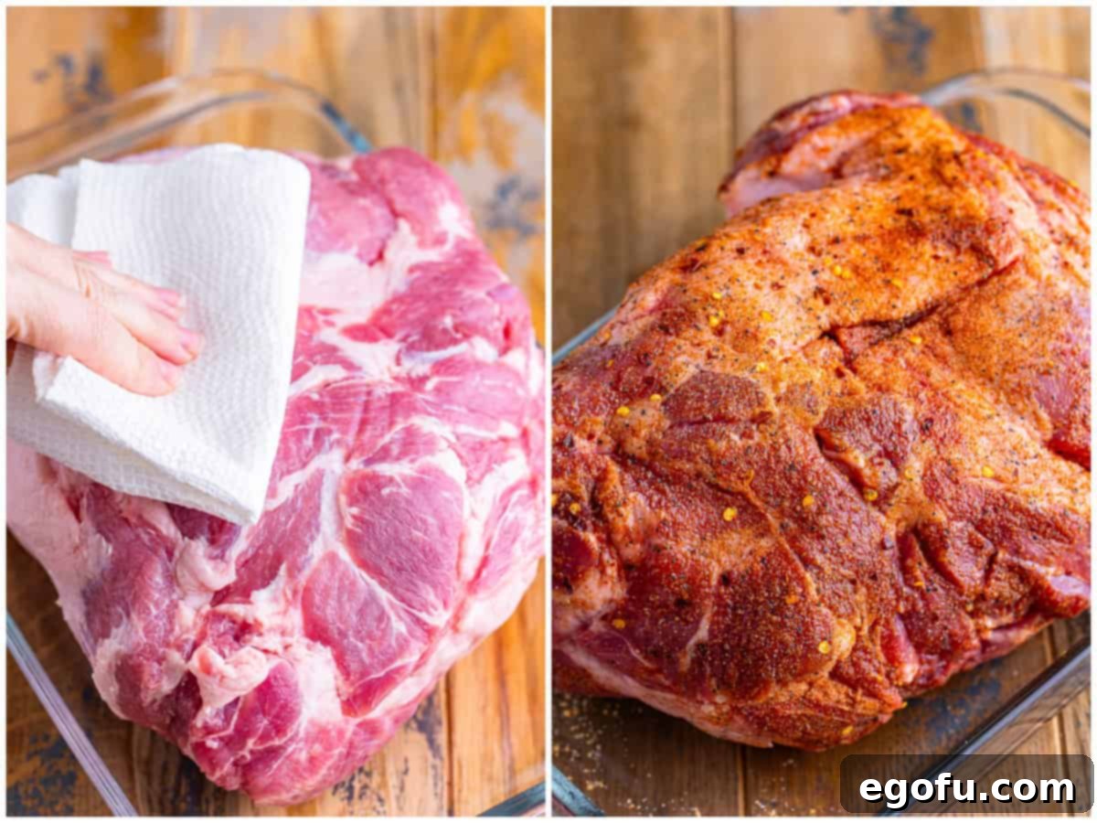 A collage of two photos: a hand patting a pork shoulder dry with a paper towel, and a pork shoulder fully covered in seasoning rub.