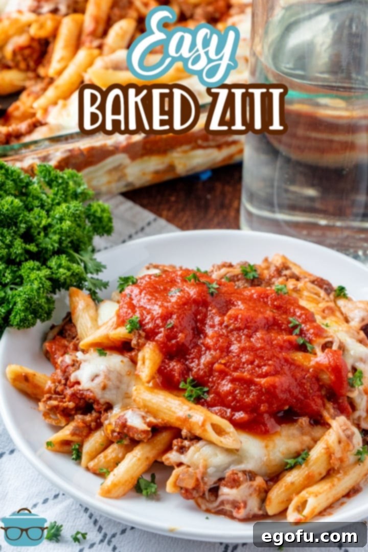 A beautifully presented white plate holding a serving of easy baked ziti, garnished with fresh parsley and showcasing the rich sauce and melted cheese.