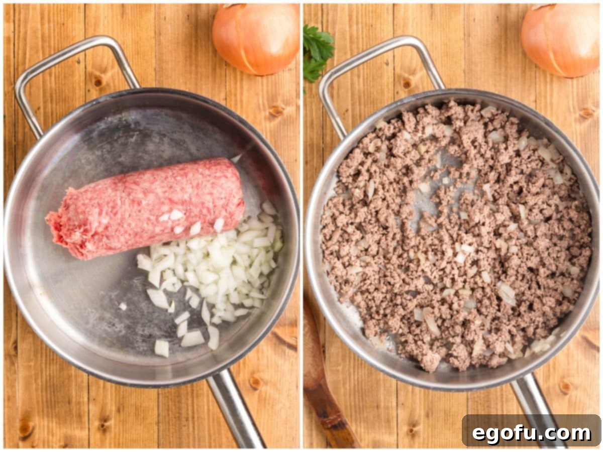 A collage of two images: the first showing raw ground beef and diced onion in a large skillet, and the second showing cooked and crumbled ground beef with onion in the same skillet after browning.