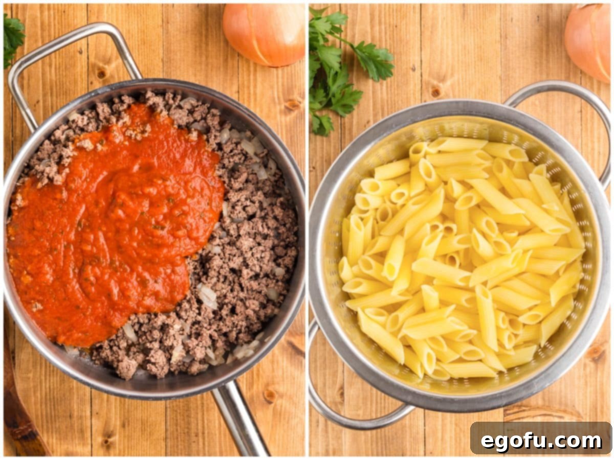 A collage of two images: the first illustrating spaghetti sauce being added to the browned ground beef in a skillet, and the second showing cooked penne pasta being added to a large pot.