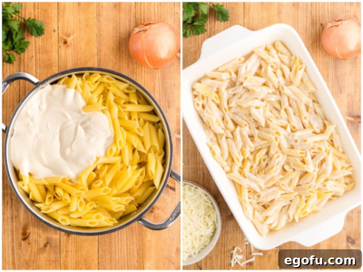 A collage of two images: the first showing alfredo sauce being poured over cooked pasta in a pot, and the second displaying the alfredo-coated pasta mixture spread out in a 9x13-inch baking dish.