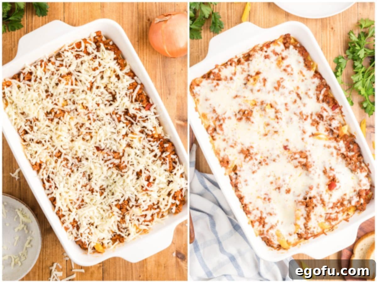 A collage of two images: the first shows shredded mozzarella cheese sprinkled over the layered baked ziti, and the second displays the fully cooked, bubbly baked ziti with perfectly melted cheese after baking.