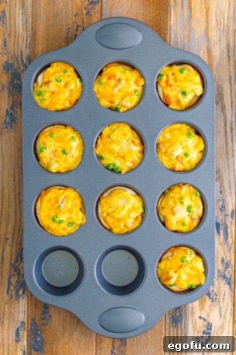Baked Mini Chicken pot pies in a muffin tin.