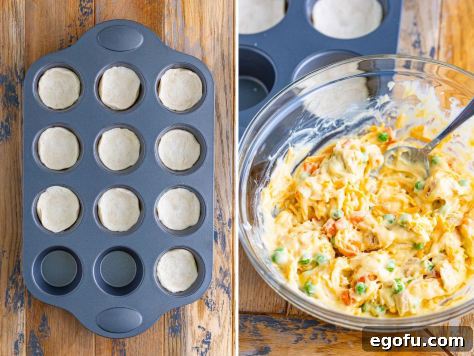 Biscuit pieces in a muffin tin and a bowl with chicken pot pie filling.
