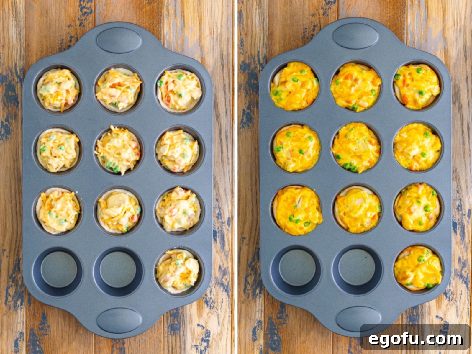 Cheese on top of mini chicken pot pies waiting to be cooked and then freshly cooked Mini Chicken Pot Pies in a pan.