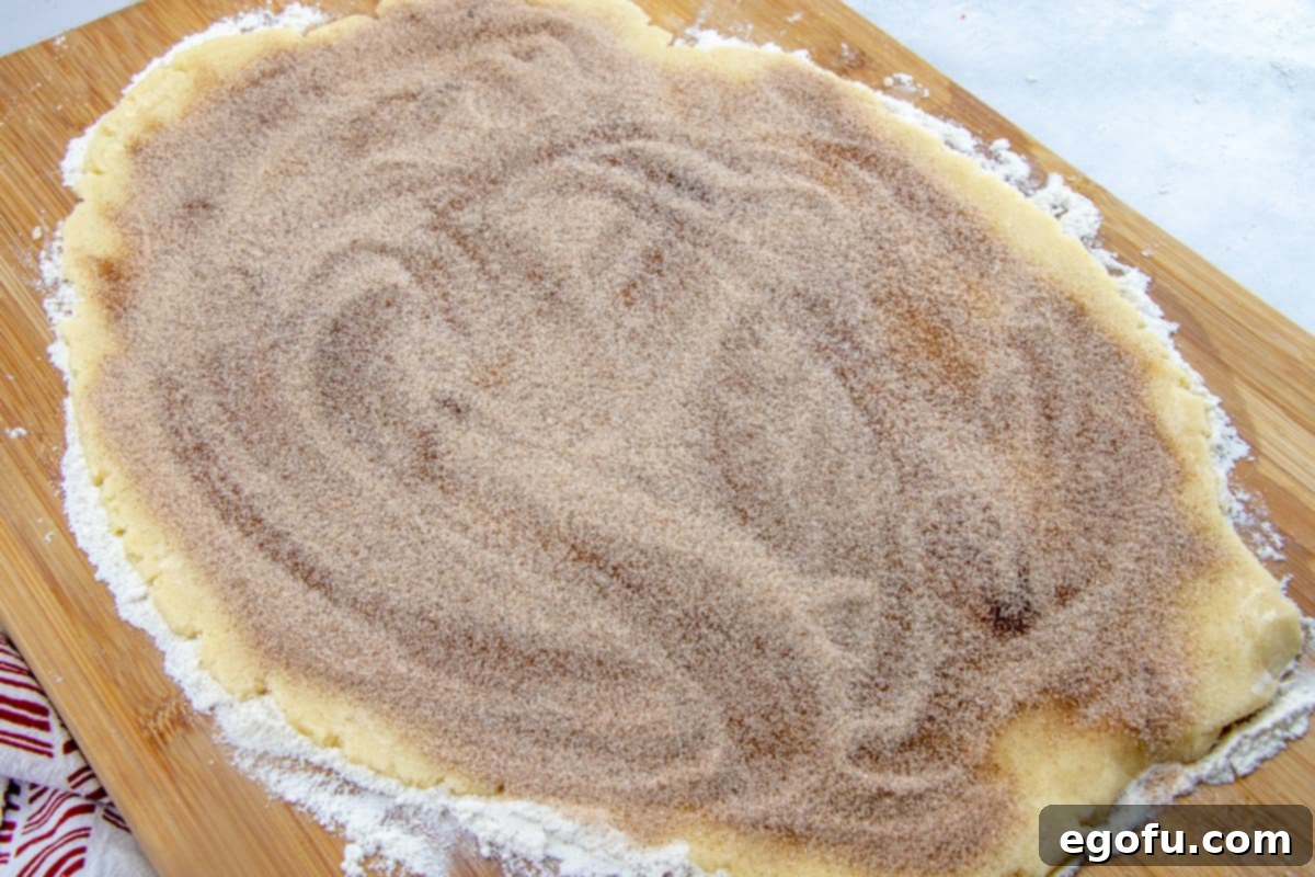 Cinnamon sugar mixture sprinkled on top of rolled out sugar cookie dough, creating the classic swirl.