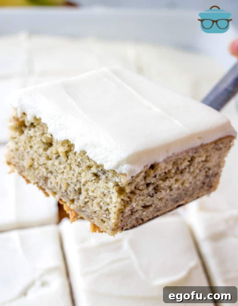 A perfectly golden slice of moist banana cake, held aloft by a spatula, revealing its tender crumb and rich texture.