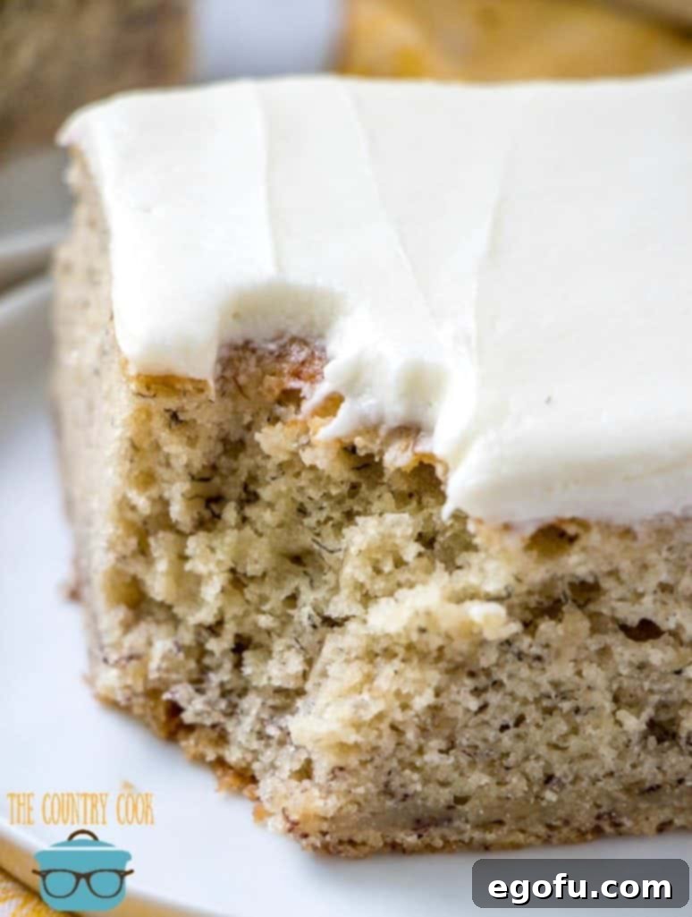 A delectable slice of fresh banana cake, beautifully adorned with vanilla frosting, sits on a plate, ready to be savored.