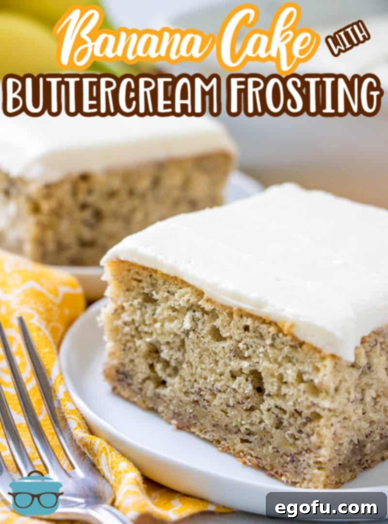 Two generous slices of frosted banana cake presented on white plates, with fresh bananas artfully arranged in the soft-focused background, ready to be enjoyed.