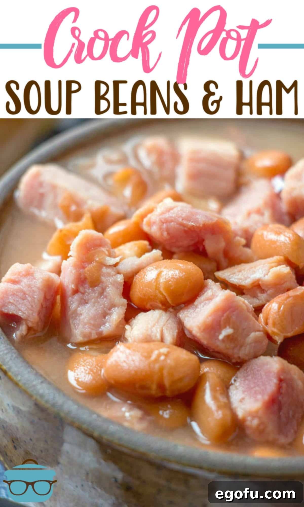 Closeup photo of a hearty serving of slow cooker soup beans and ham in a rustic bowl.