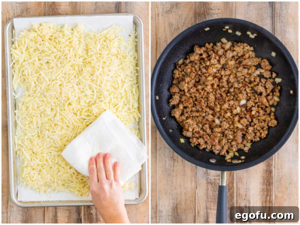 Collage showing two steps: one image depicts hash browns being patted dry with a paper towel on a baking sheet, and another shows cooked and crumbled sausage with onions in a skillet.
