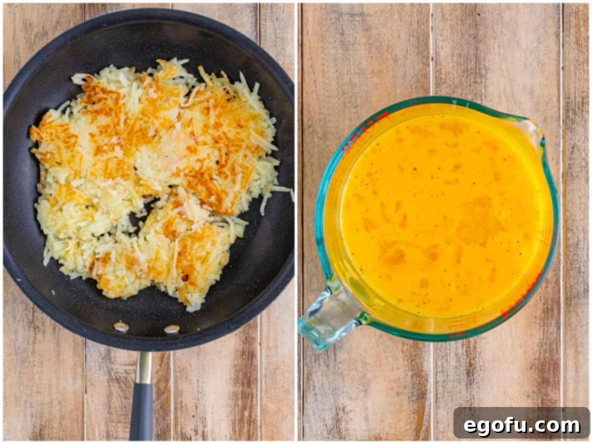 Collage displaying two key preparation stages: one photo shows golden-brown hash browns cooking in a skillet, and the other features eggs, milk, cheese, salt, and pepper being whisked together in a large glass measuring cup.