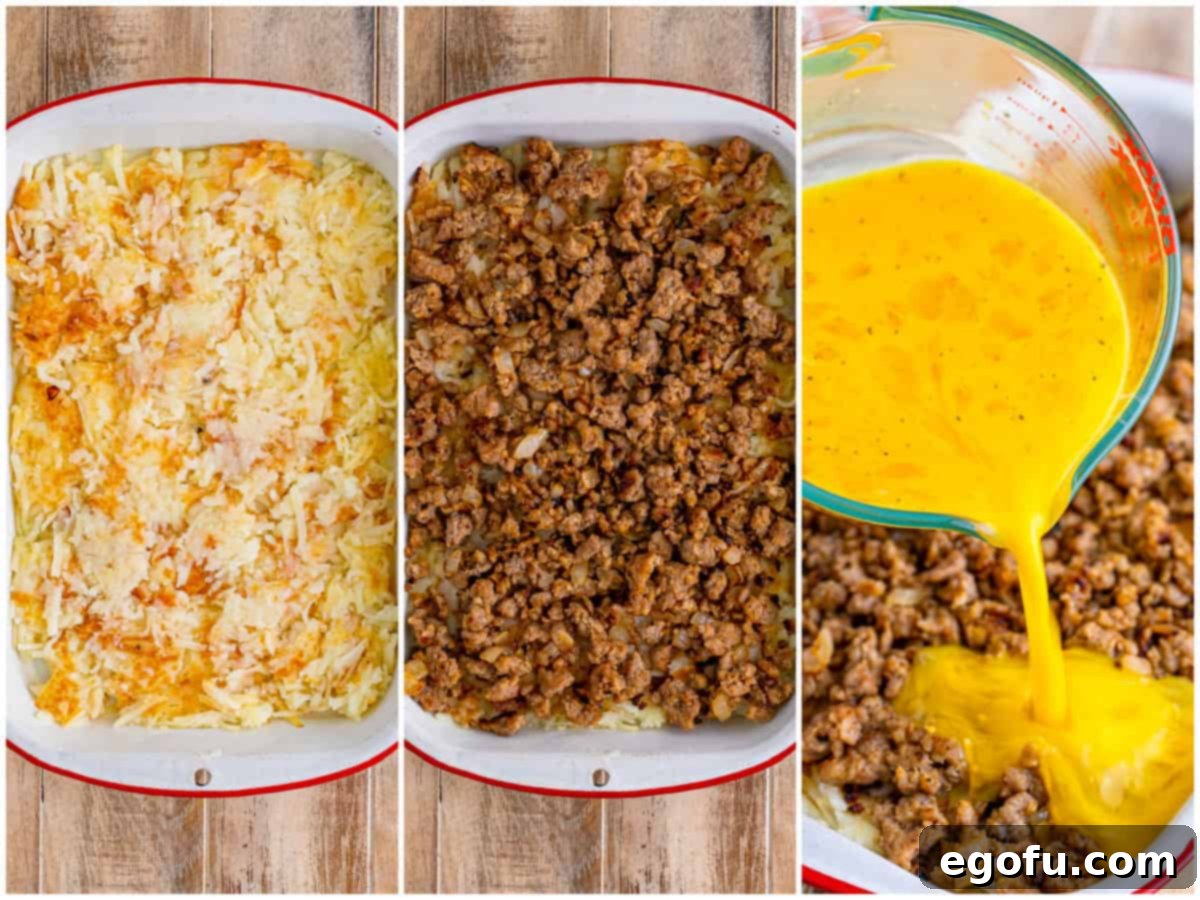 A three-photo collage demonstrating casserole assembly: hash browns spread in a baking dish, cooked sausage layered over hash browns, and whisked egg mixture being poured over the sausage layer.