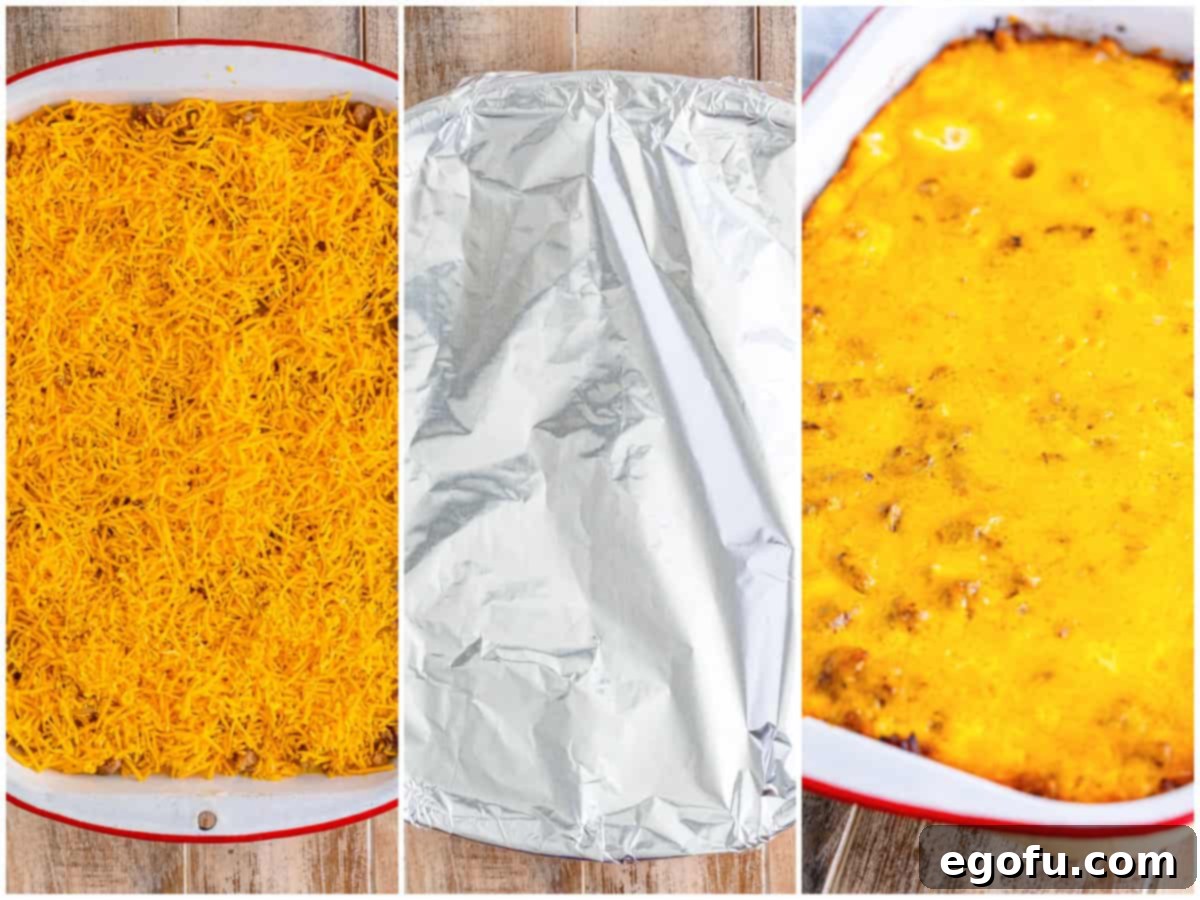 A three-image collage showing the final stages of casserole preparation: shredded cheese topping the casserole, the dish covered with aluminum foil, and the fully baked casserole with melted, golden cheese.