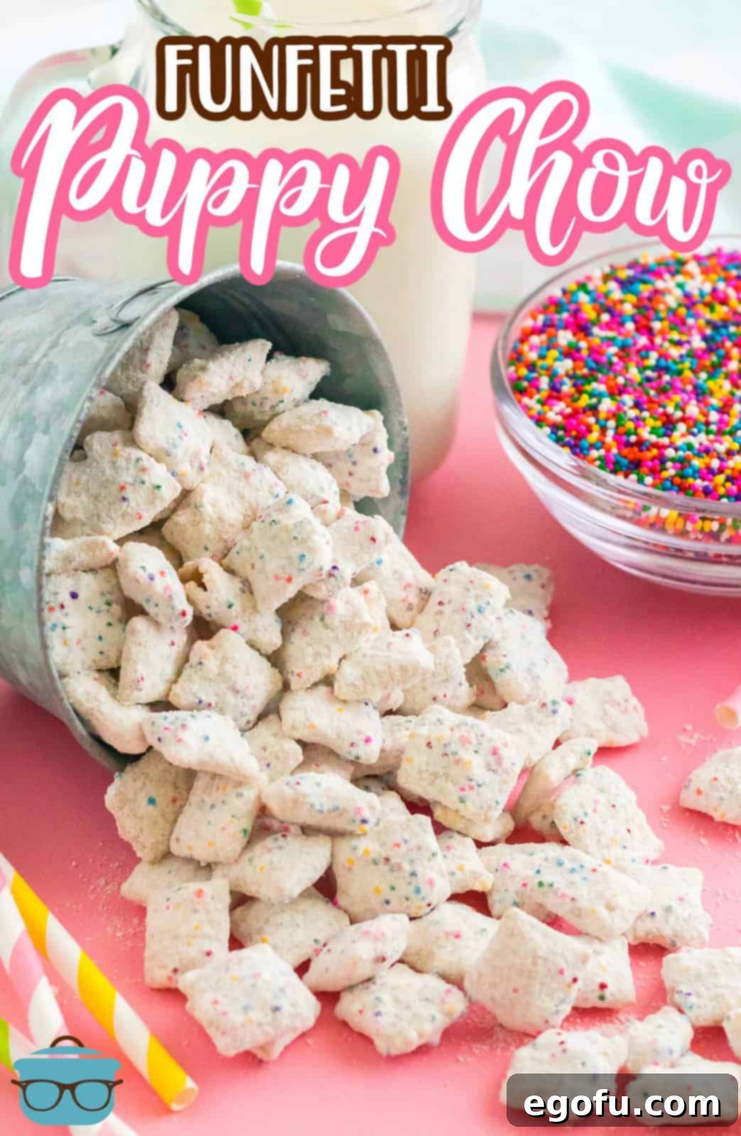 Celebration Confetti Crunch 3 Close-up of Funfetti Puppy Chow spilling attractively from a decorative container, with a small bowl of extra sprinkles artfully placed nearby.