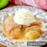 Sweet Apple Pockets 15 A top-down view of a plate with two golden-brown apple dumplings, indicating a close-up of the dish for the recipe thumbnail.