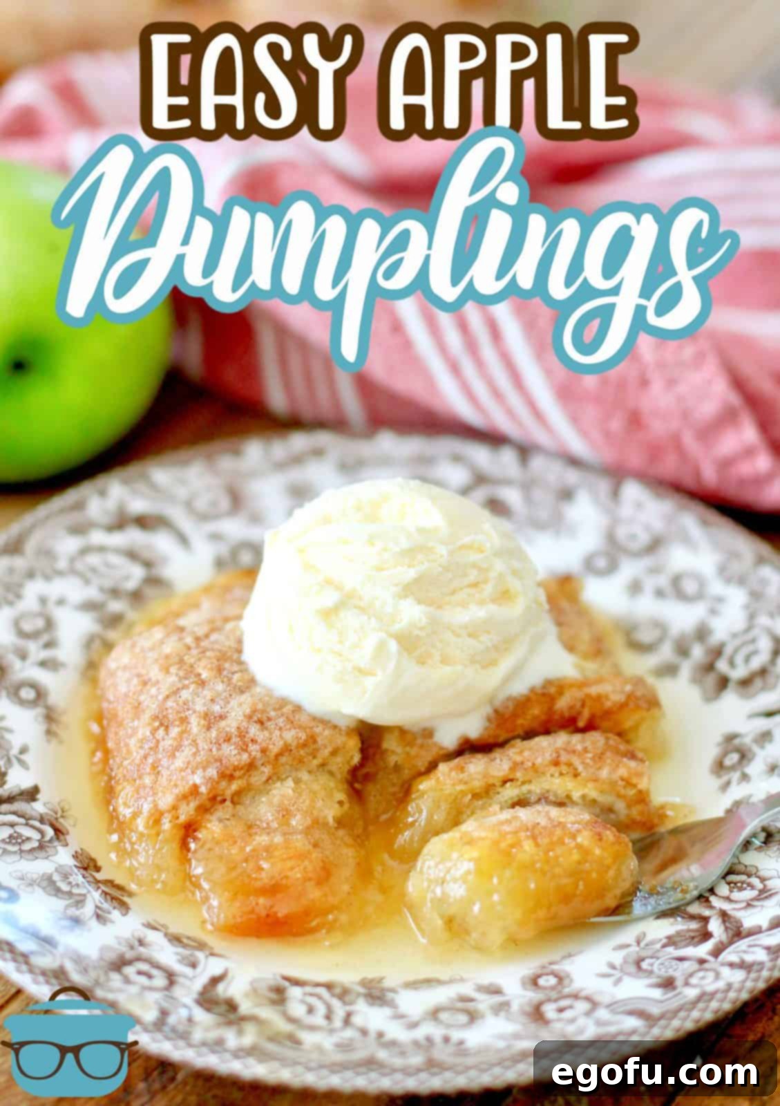 Sweet Apple Pockets 3 Two baked apple dumplings topped with a scoop of vanilla ice cream and a drizzle of the rich caramel sauce, presented on a charming brown and white plate.