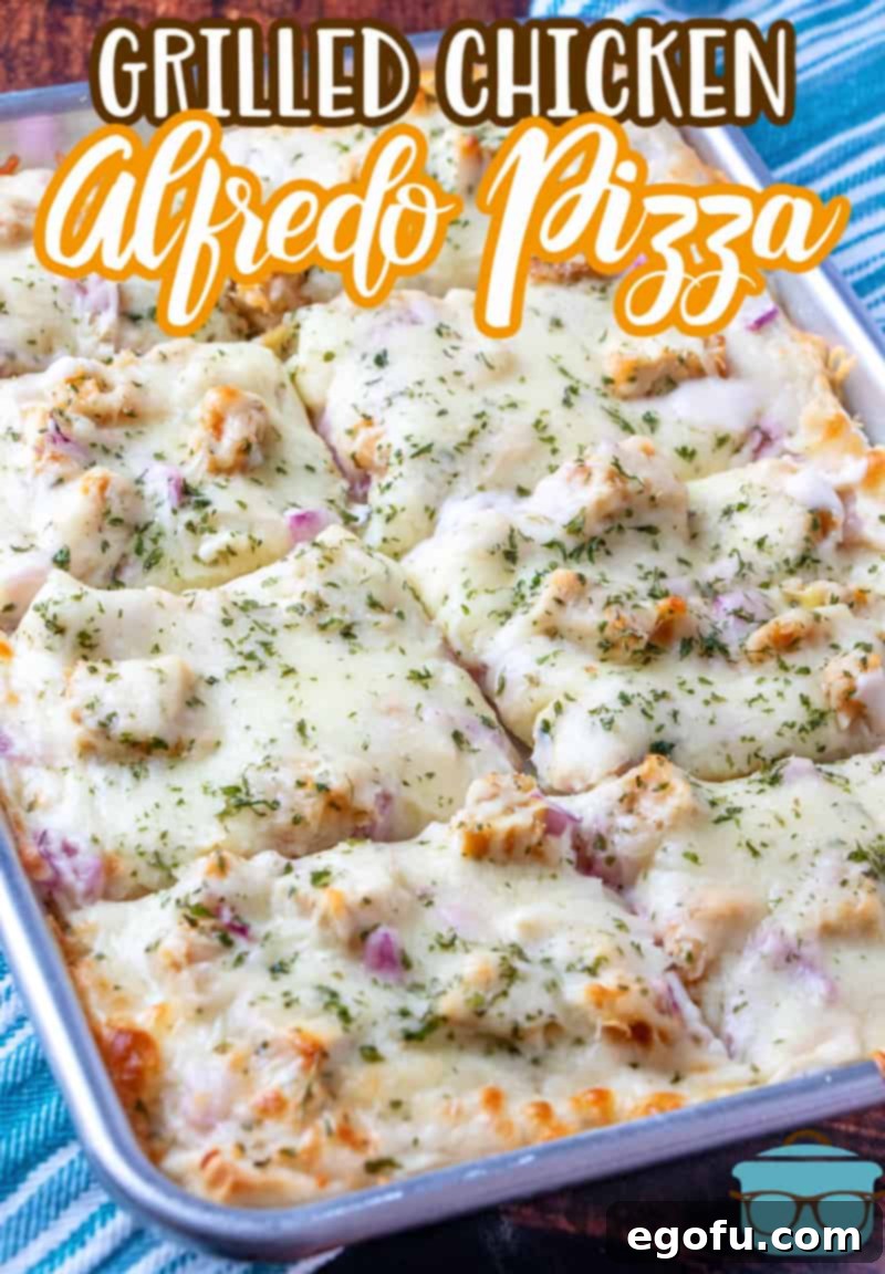 Grilled Chicken Alfredo recipe from The Country Cook, pizza shown on a rectangle baking sheet with slices cut into pizza