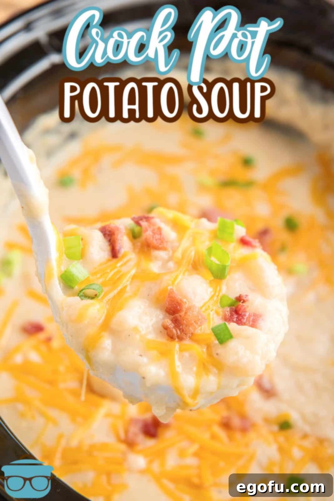 Slow Cooker Creamy Potato Bliss 3 A close-up shot of a stainless steel ladle lifting a generous portion of creamy, chunky potato soup from a black, oval slow cooker, highlighting its rich texture and steam.