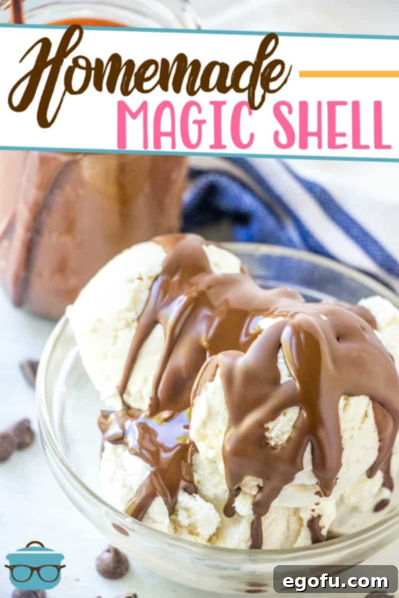 Homemade Magic Shell recipe from The Country Cook, magic shell poured over scoops of vanilla ice cream in a small clear glass serving bowl.
