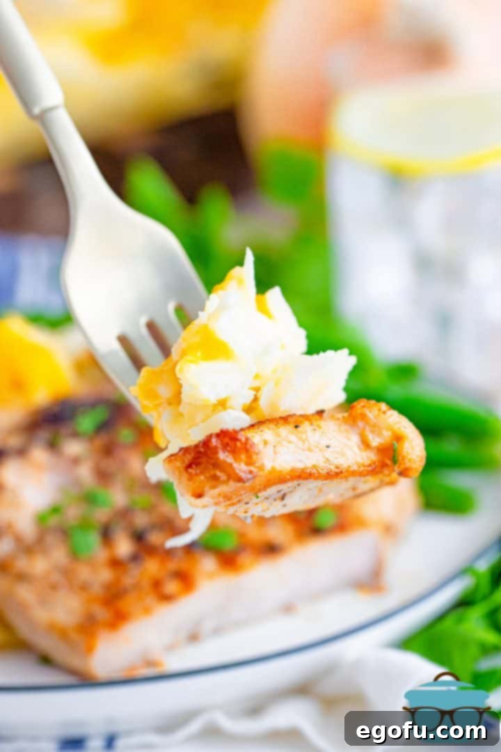 A close-up shot of a forkful featuring a piece of tender pork chop and some creamy, cheesy hash brown casserole, inviting a taste.