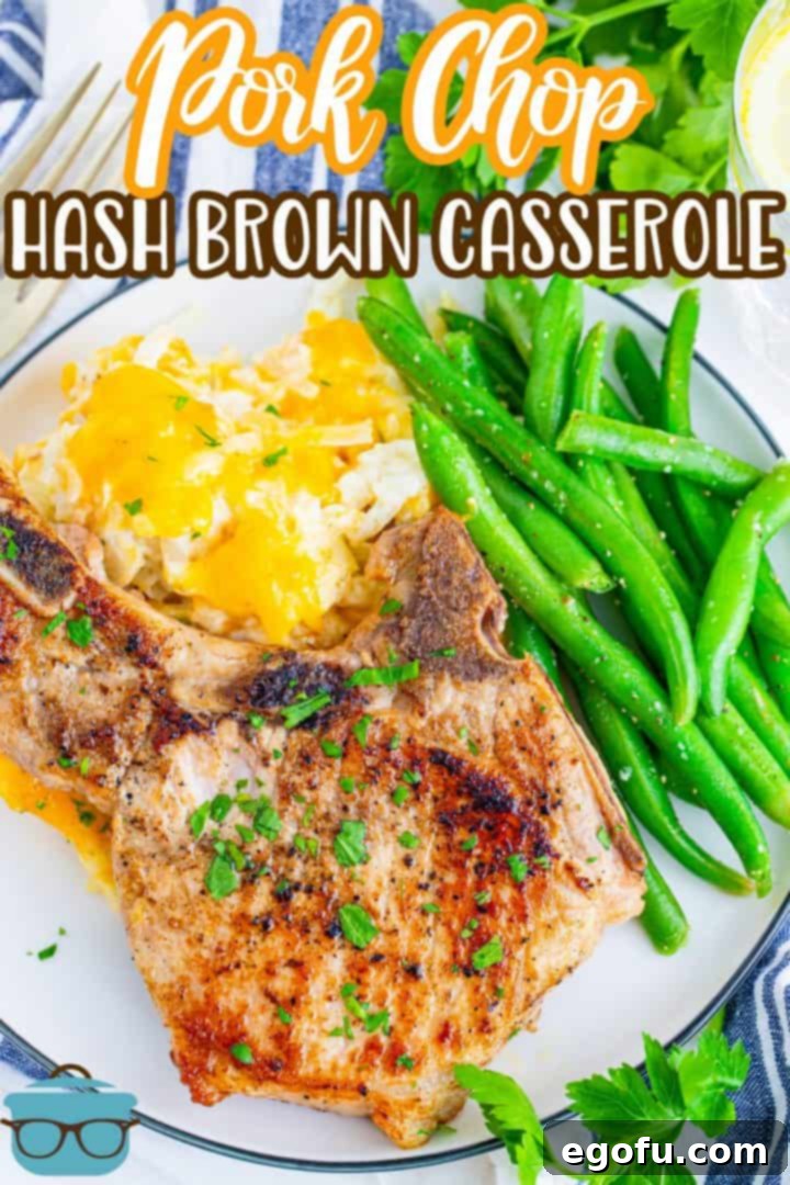 Pork Chop Hash Brown Casserole served on a white dinner plate with a side of fresh green beans, highlighting a complete and balanced meal.