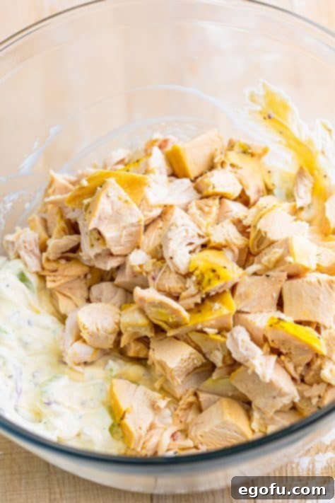 Chicken sitting on top of the rest of the ingredients in a bowl and a bowl of freshly mixed Chicken Salad. 