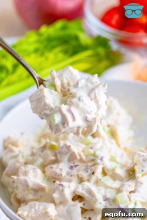 A spoon scooping some Chicken Salad out of the bowl.