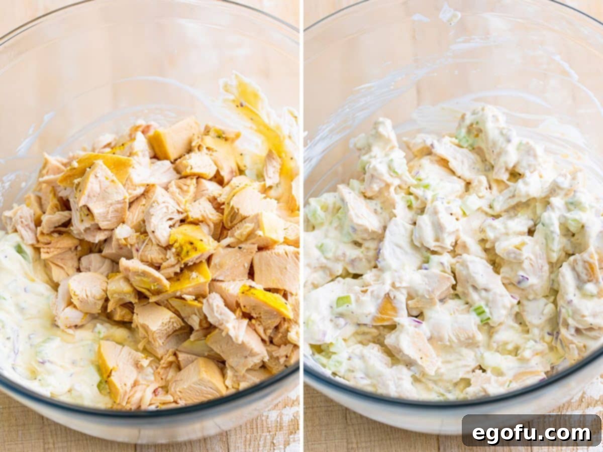 Chicken sitting on top of the rest of the ingredients in a bowl and a bowl of freshly mixed Chicken Salad. 
