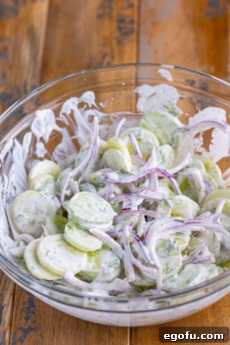 Chilled Cucumber Delight 13 Dressing-covered Creamy Cucumber Salad in a bowl, chilling.