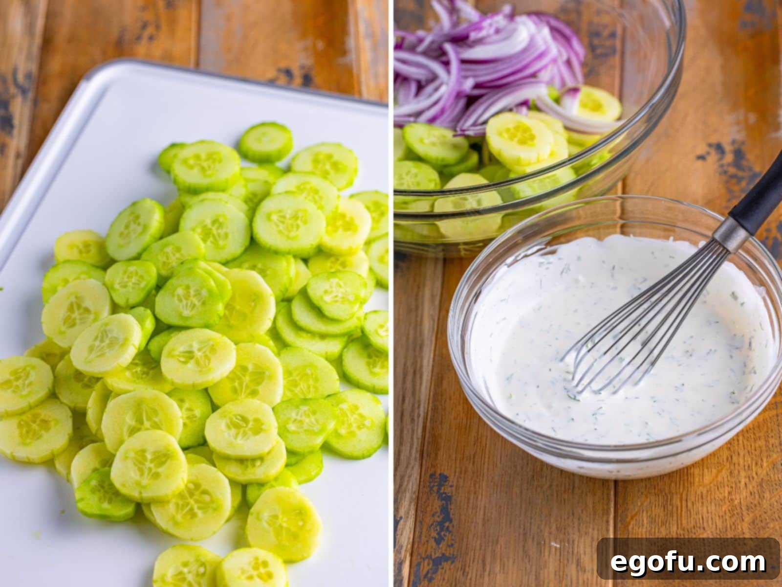 Chilled Cucumber Delight 6 A whisk in a bowl of creamy dressing, with thinly sliced cucumbers and red onions on a cutting board in the background.