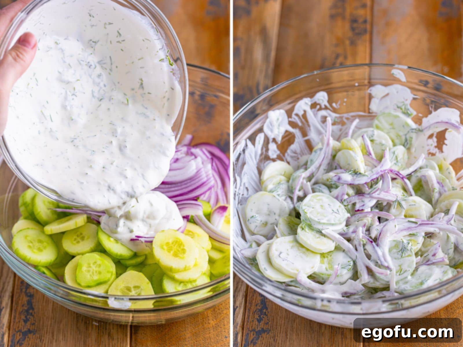 Chilled Cucumber Delight 7 Rich, creamy dressing being poured generously over a bowl of sliced cucumbers and red onions, ready for tossing.