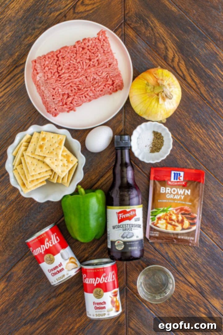 ground beef, crackers, egg, green pepper, onion, Worcestershire sauce, brown gravy, French onion soup, cream of chicken soup and water.