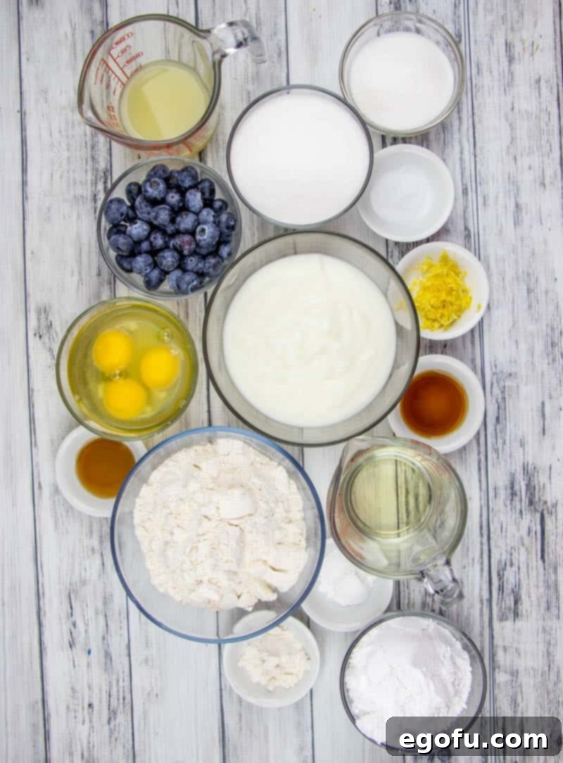 flour, yogurt, blueberries, eggs, flour, lemon juice, lemon zest, vanilla extract, milk.