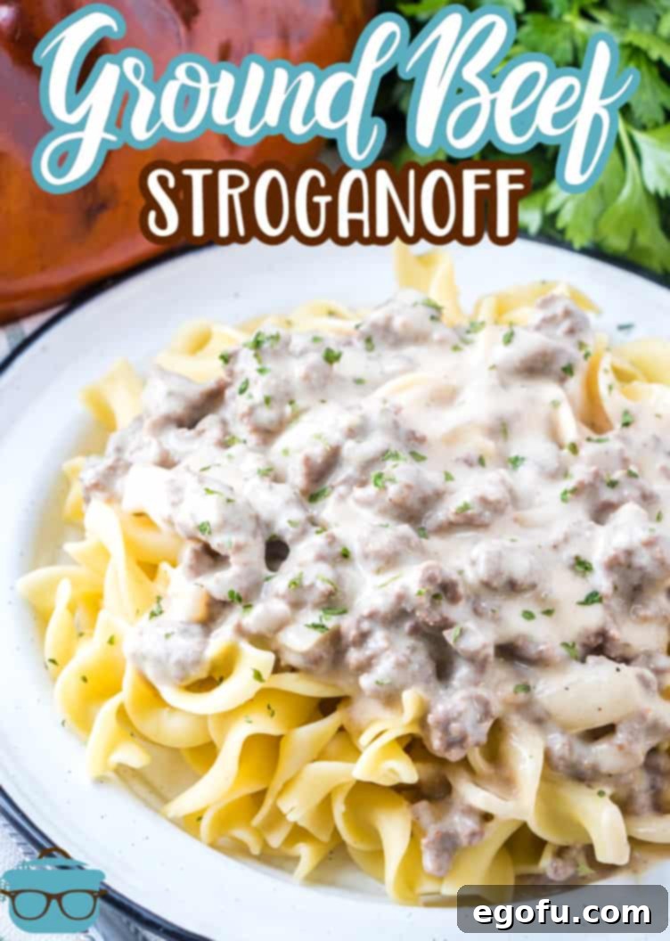 a plate of egg noodles topped with hamburger stroganoff with text on the photo that say "Ground Beef Stroganoff".