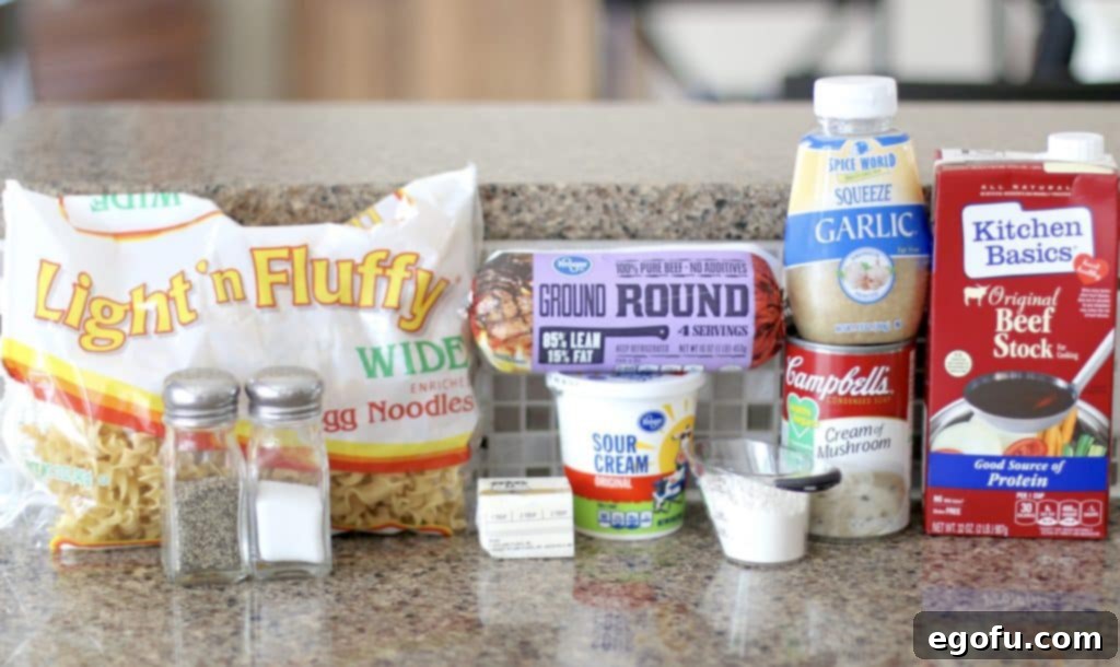 egg noodles, ground beef, garlic, cream of mushroom soup, milk, beef broth, sour cream, butter, salt and pepper