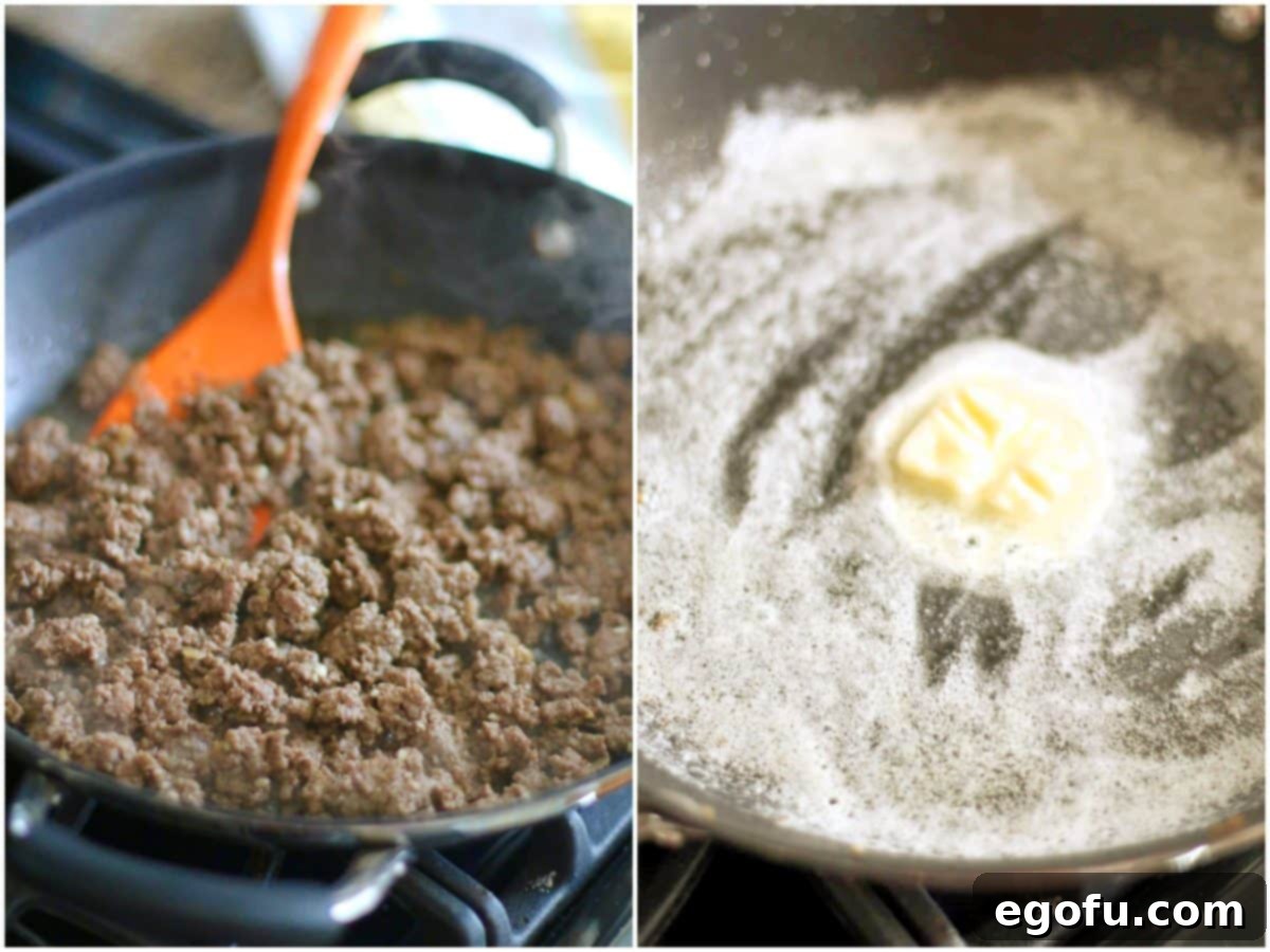 collage of two photos: cooked ground beef in a skillet' melted butter in a skillet.