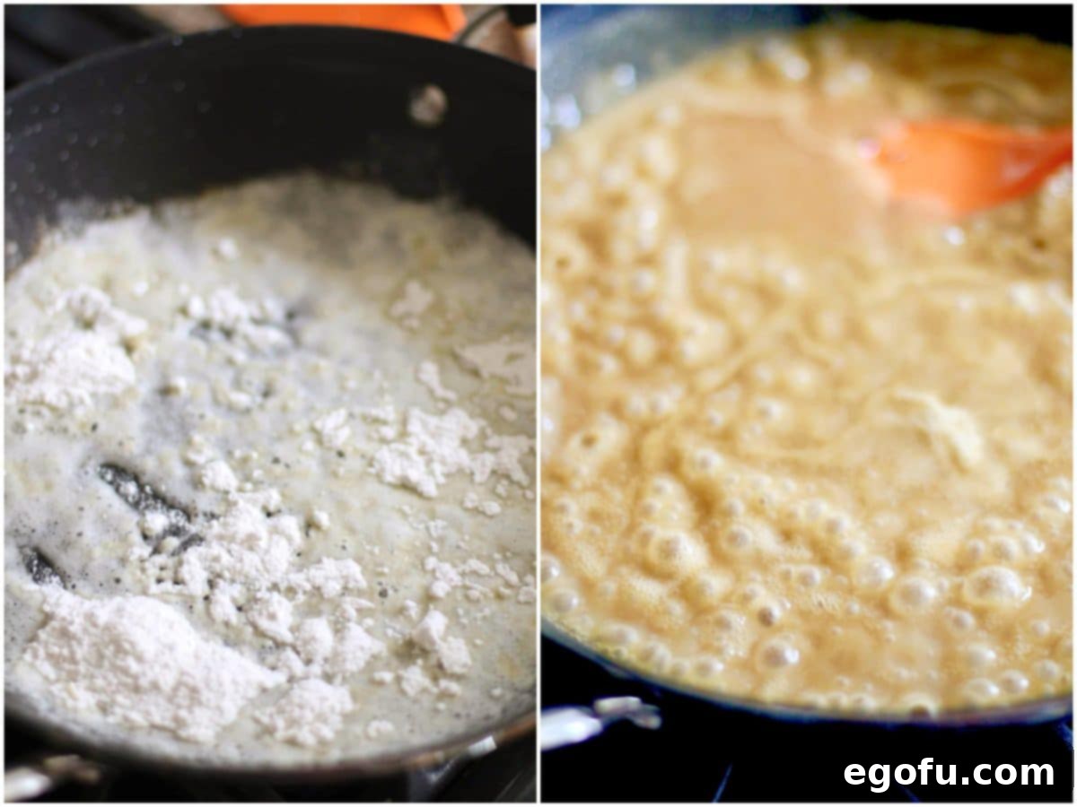 collage of two photos: flour added to melted butter in skillet; beef broth added to skillet.