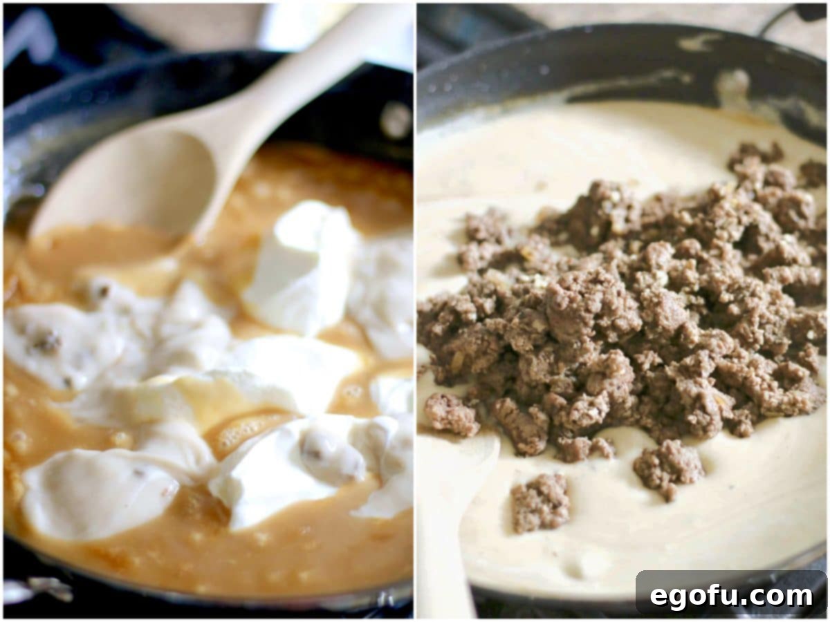 collage of two photos: sour cream added to skillet; cooked ground beef added to back to skillet.