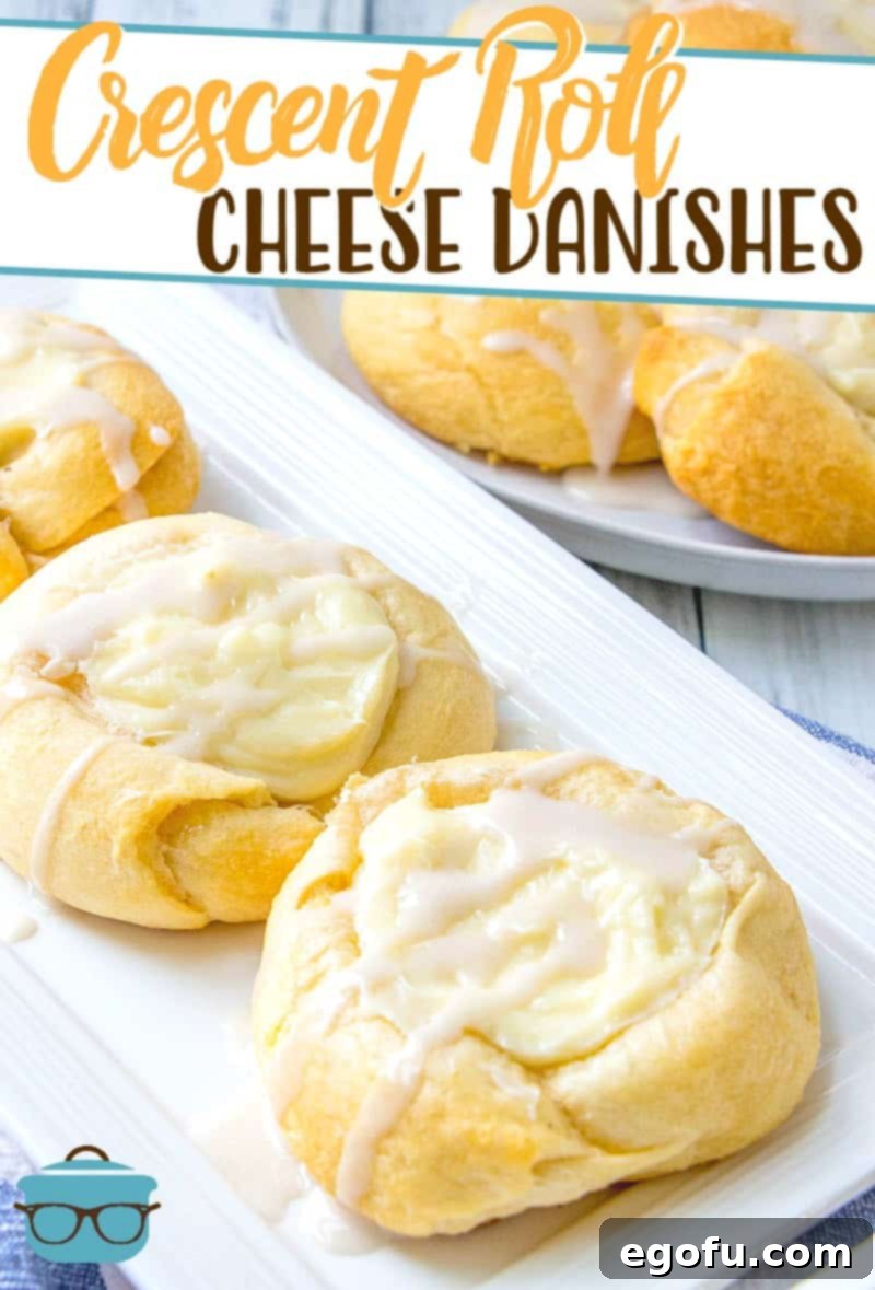 Effortless Cheesy Danishes 3 Crescent Roll Cheese Danish recipe from The Country Cook, layered on a white plate.