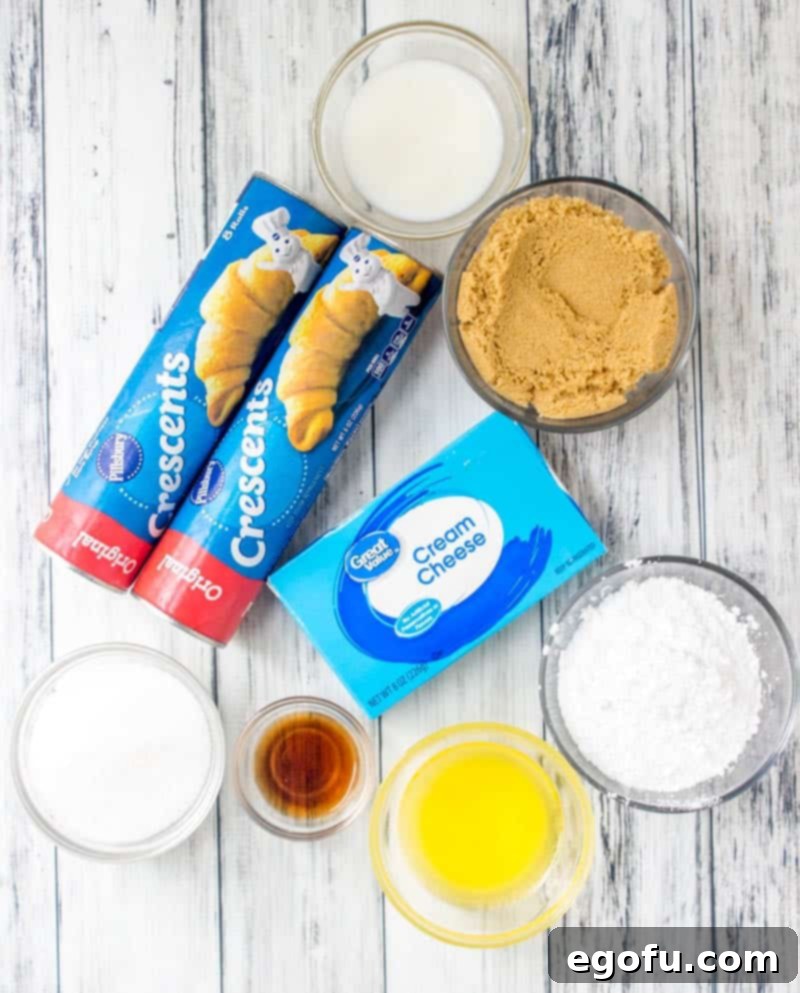 Effortless Cheesy Danishes 4 crescent roll dough, cream cheese, brown sugar, vanilla extract, sugar, butter, powdered sugar.