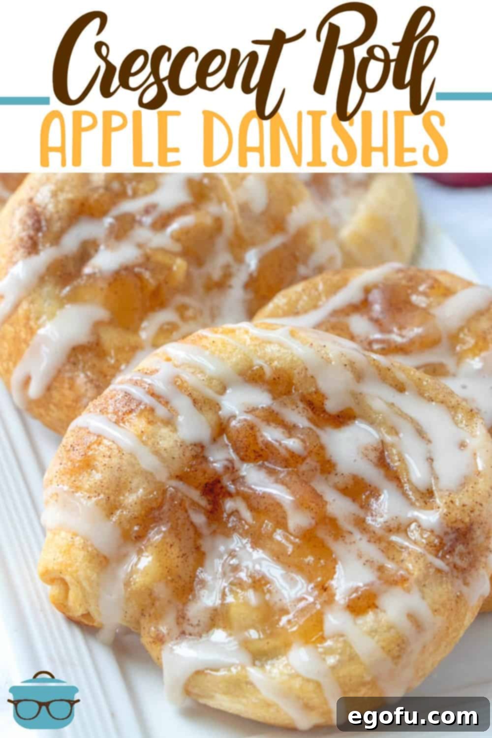 Golden Apple Danish Pastries 3 Easy Crescent Roll Apple Danish recipe from The Country Cook. Apple danishes shown closeup and layered on a white platter, glistening with glaze.