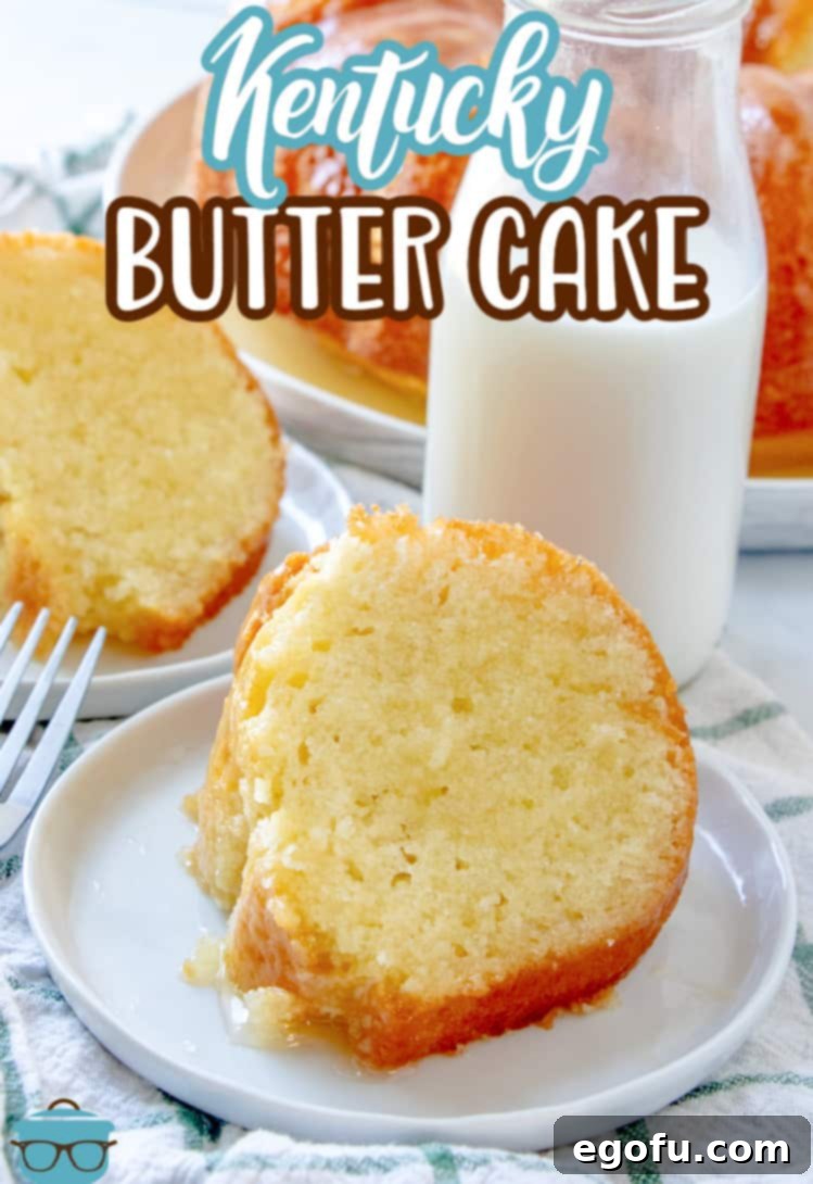 Kentucky Butter Cake 4 A slice of Kentucky Butter Cake on a white plate with a milk bottle in the background, highlighting its golden hue.