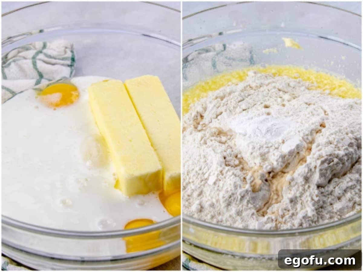 Kentucky Butter Cake 6 Collage showing the process of mixing wet ingredients, then adding dry ingredients for Kentucky Butter Cake.