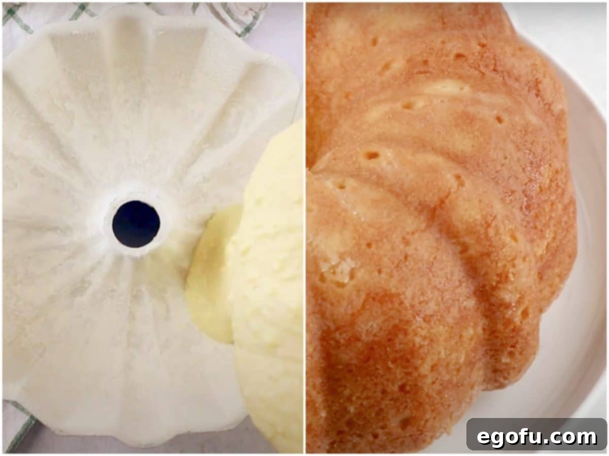 Kentucky Butter Cake 7 Collage showing cake batter being poured into a bundt pan and the fully baked cake removed from the pan.