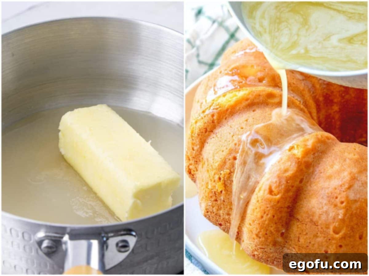 Kentucky Butter Cake 8 Collage showing rum sauce ingredients in a saucepan and the sauce being poured over the bundt cake.