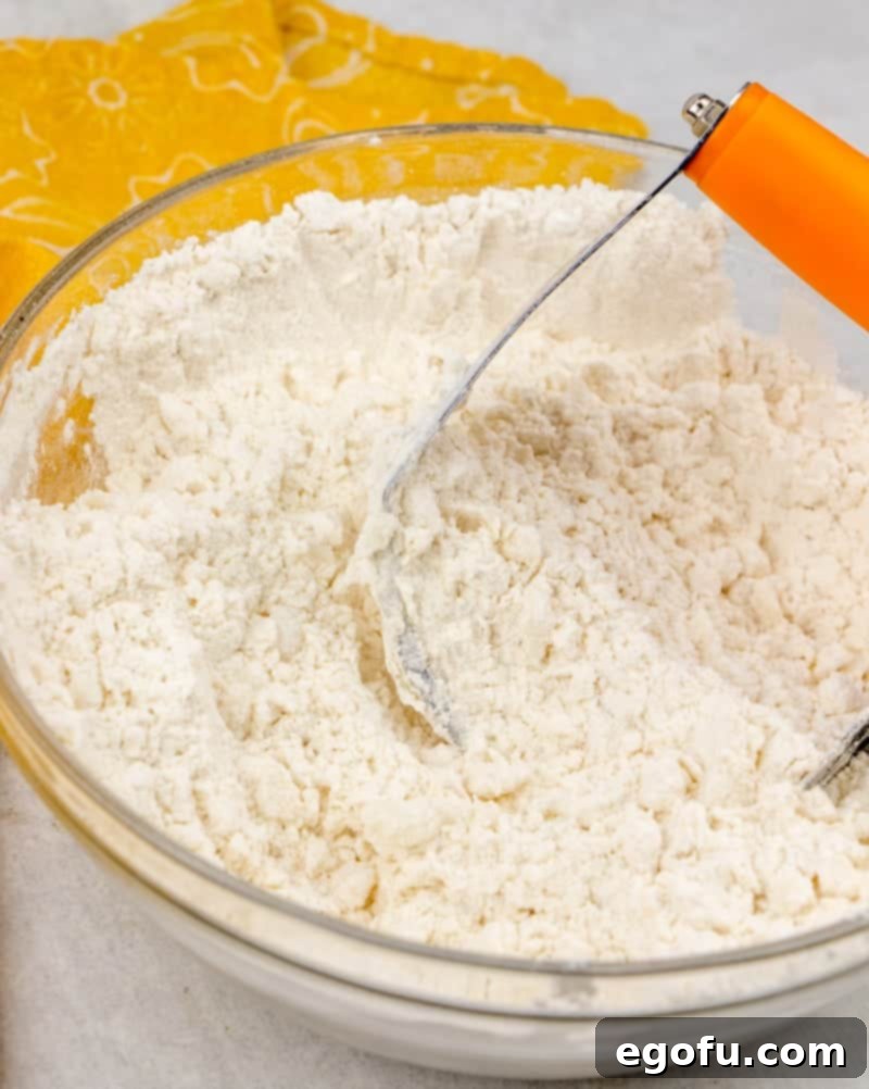 Soft Homemade Flour Tortillas 5 cutting vegetable shortening into flour with a pastry cutter in a bowl, demonstrating the technique.